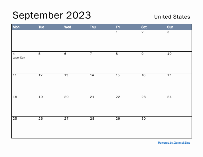 September 2023 Simple Monthly Calendar for United States