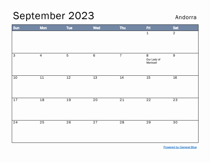 September 2023 Simple Monthly Calendar for Andorra