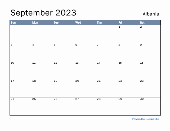 September 2023 Simple Monthly Calendar for Albania