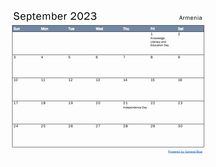 September 2023 Simple Monthly Calendar for Armenia