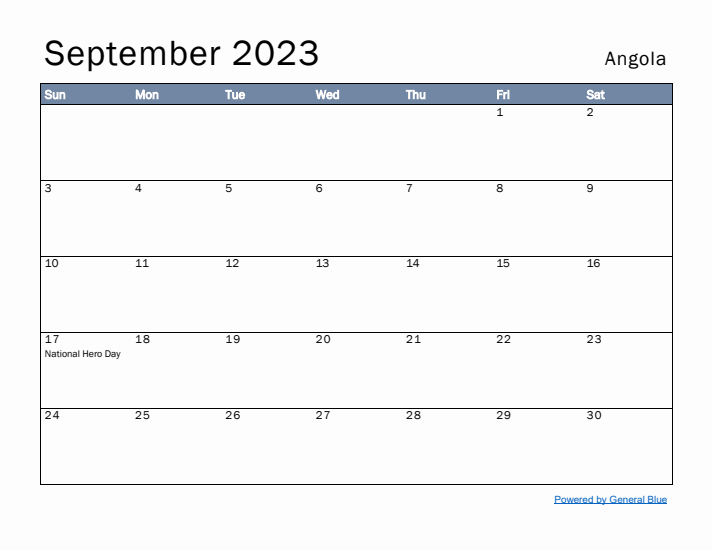 September 2023 Simple Monthly Calendar for Angola