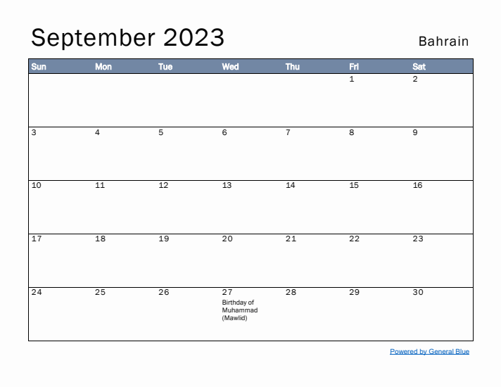 September 2023 Simple Monthly Calendar for Bahrain