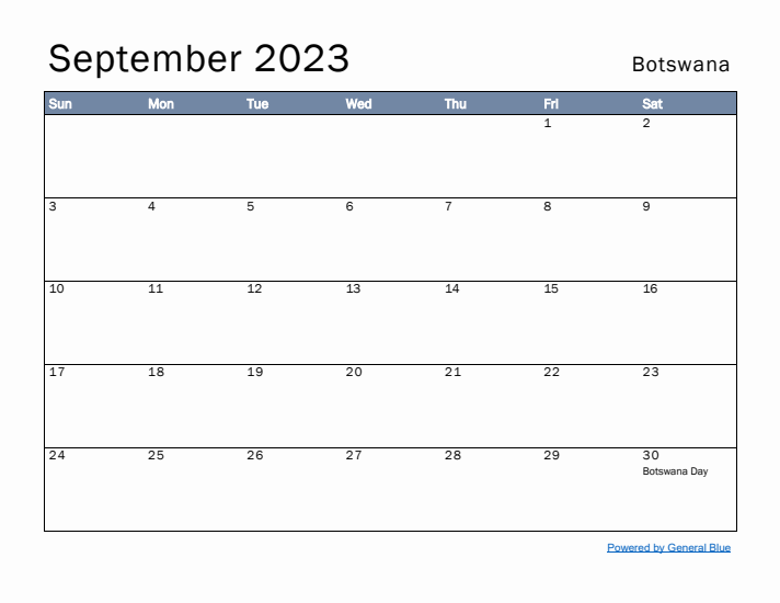 September 2023 Simple Monthly Calendar for Botswana