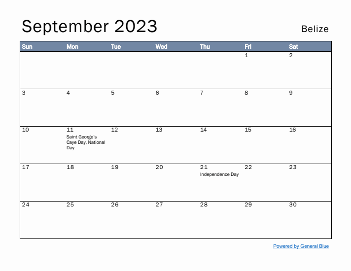 September 2023 Simple Monthly Calendar for Belize