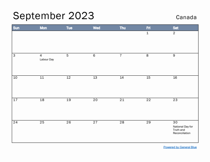 September 2023 Simple Monthly Calendar for Canada