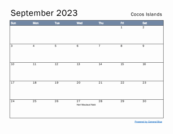 September 2023 Simple Monthly Calendar for Cocos Islands