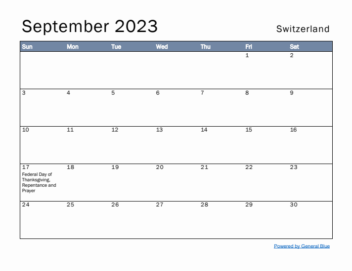 September 2023 Simple Monthly Calendar for Switzerland