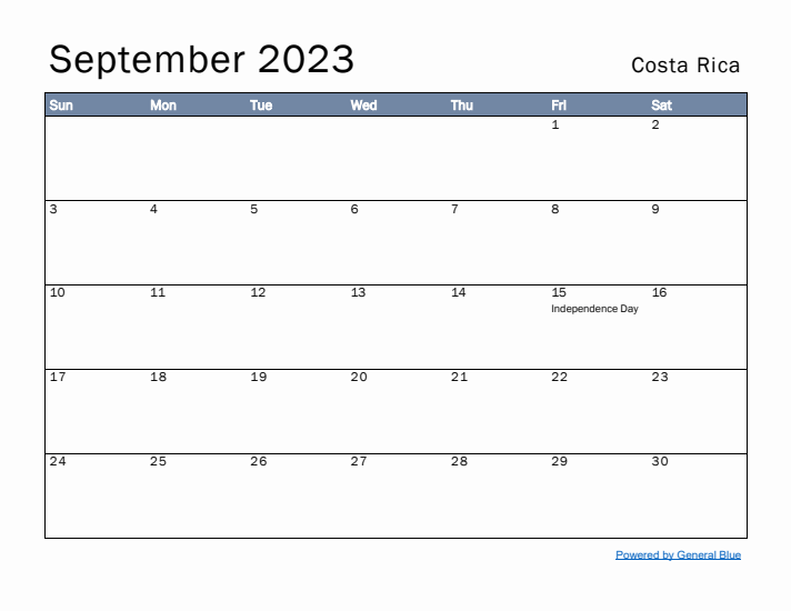 September 2023 Simple Monthly Calendar for Costa Rica