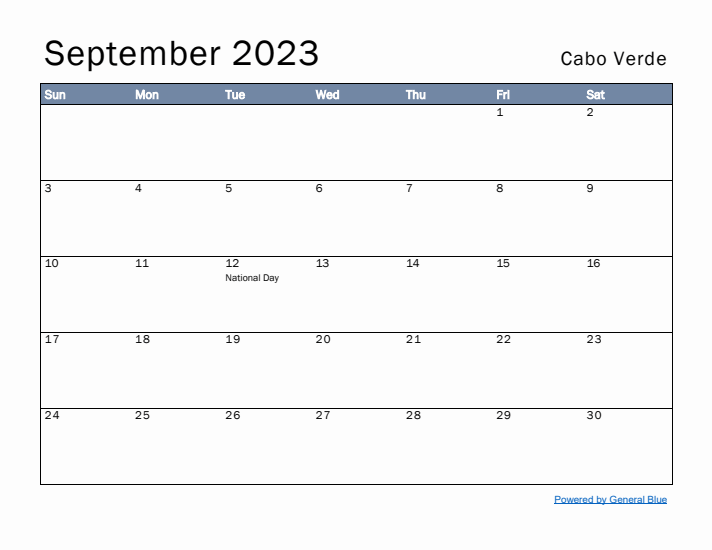 September 2023 Simple Monthly Calendar for Cabo Verde