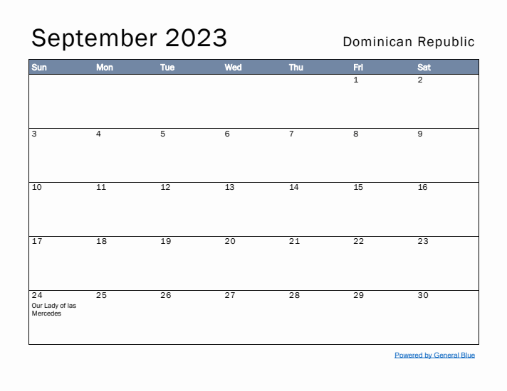 September 2023 Simple Monthly Calendar for Dominican Republic