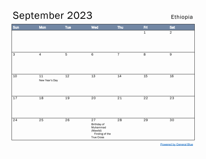 September 2023 Simple Monthly Calendar for Ethiopia