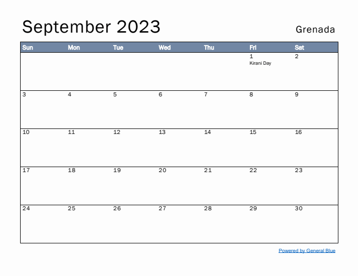 September 2023 Simple Monthly Calendar for Grenada