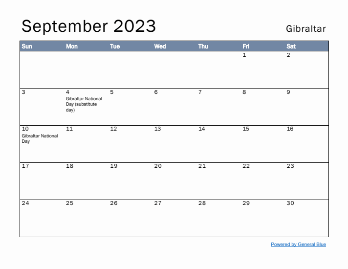 September 2023 Simple Monthly Calendar for Gibraltar