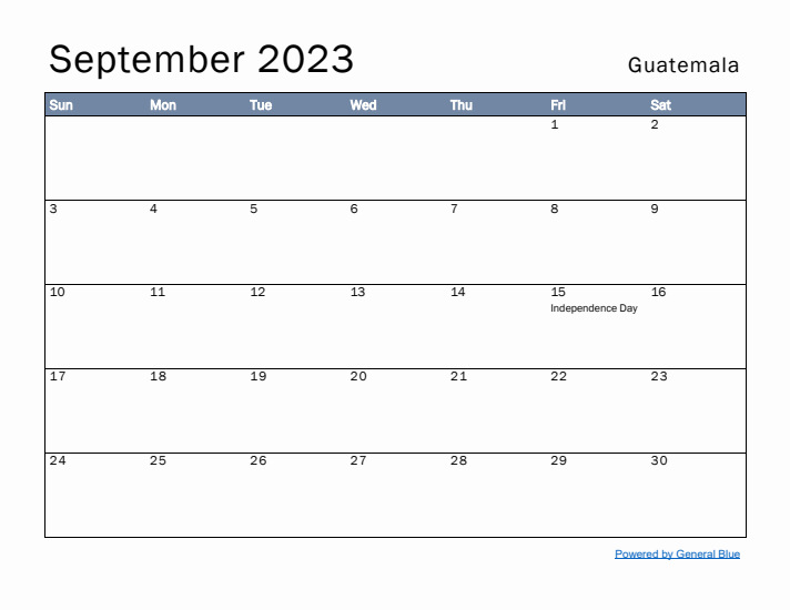 September 2023 Simple Monthly Calendar for Guatemala