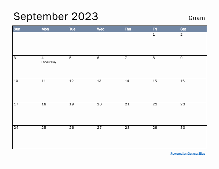 September 2023 Simple Monthly Calendar for Guam