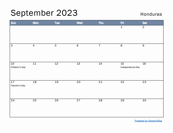 September 2023 Simple Monthly Calendar for Honduras