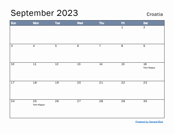 September 2023 Simple Monthly Calendar for Croatia