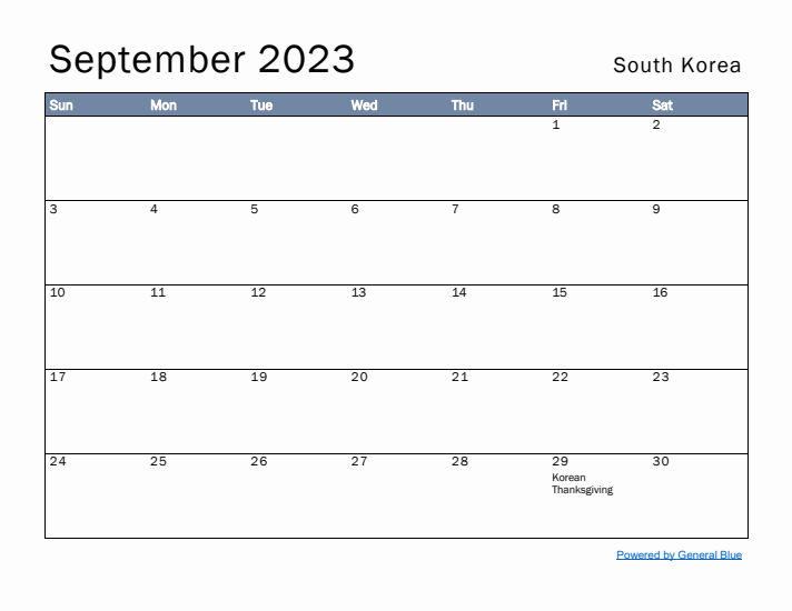 September 2023 Simple Monthly Calendar for South Korea