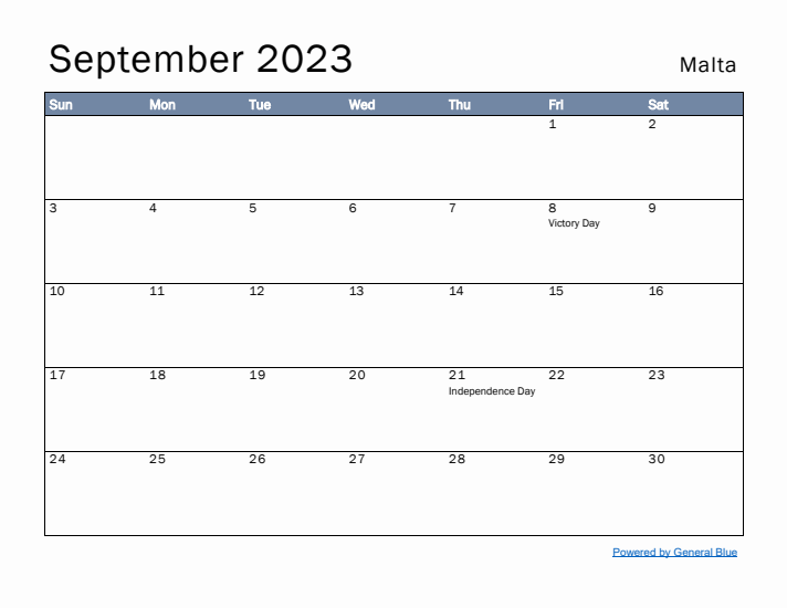 September 2023 Simple Monthly Calendar for Malta