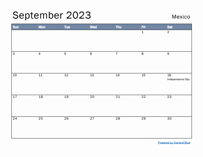 September 2023 Simple Monthly Calendar for Mexico