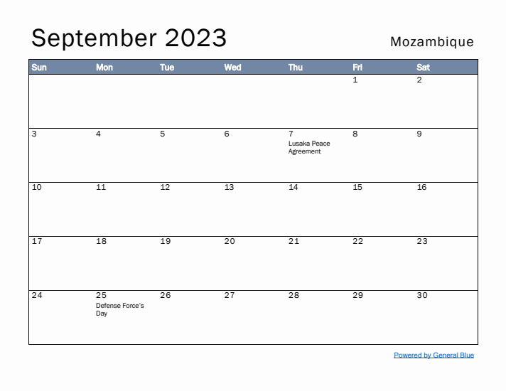 September 2023 Simple Monthly Calendar for Mozambique