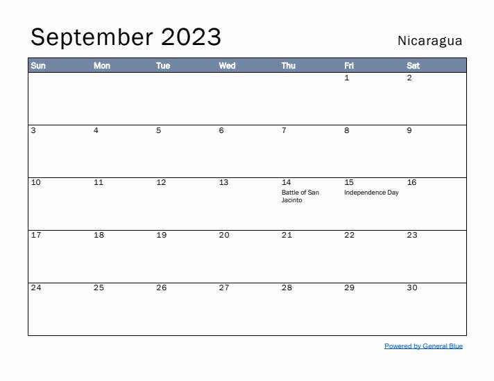 September 2023 Simple Monthly Calendar for Nicaragua