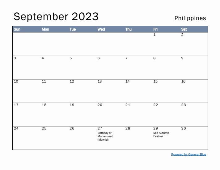 September 2023 Simple Monthly Calendar for Philippines