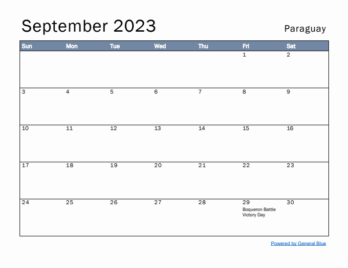 September 2023 Simple Monthly Calendar for Paraguay