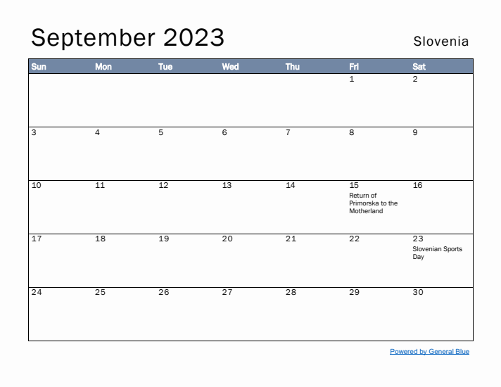 September 2023 Simple Monthly Calendar for Slovenia