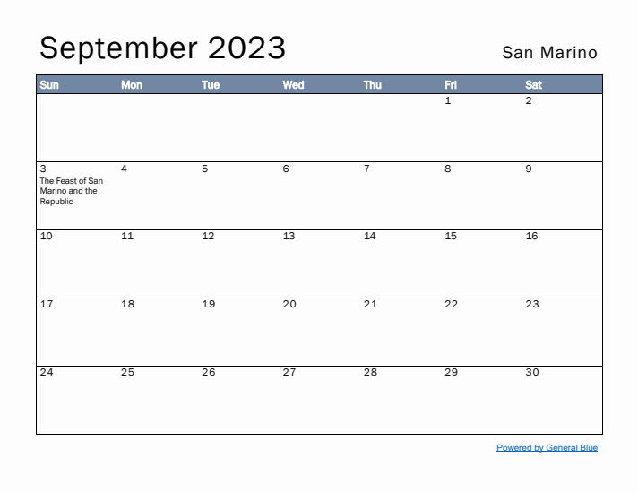 September 2023 Simple Monthly Calendar for San Marino