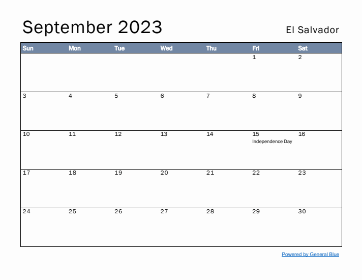 September 2023 Simple Monthly Calendar for El Salvador