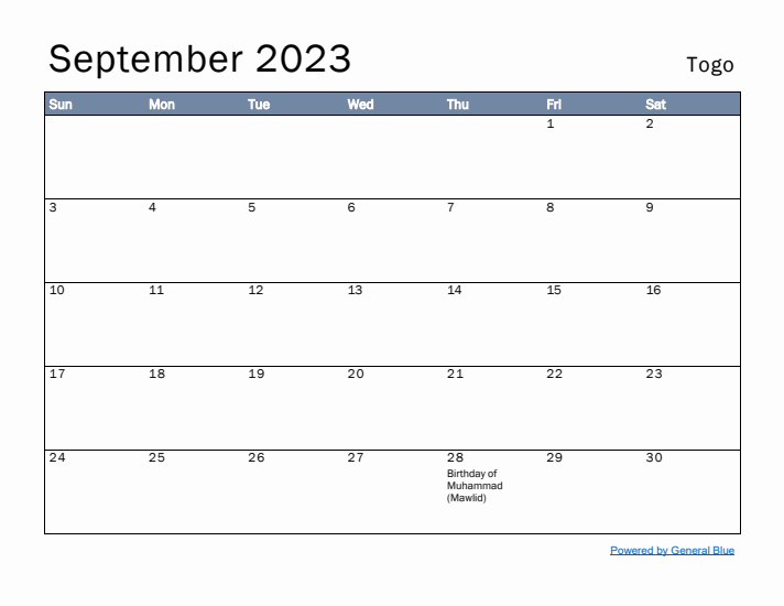 September 2023 Simple Monthly Calendar for Togo