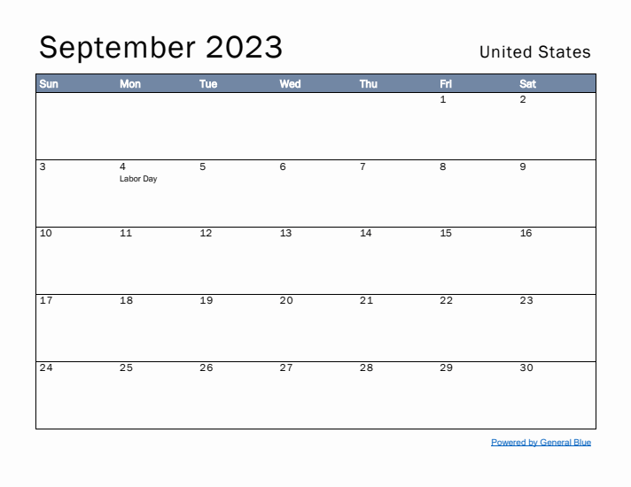 September 2023 Simple Monthly Calendar for United States