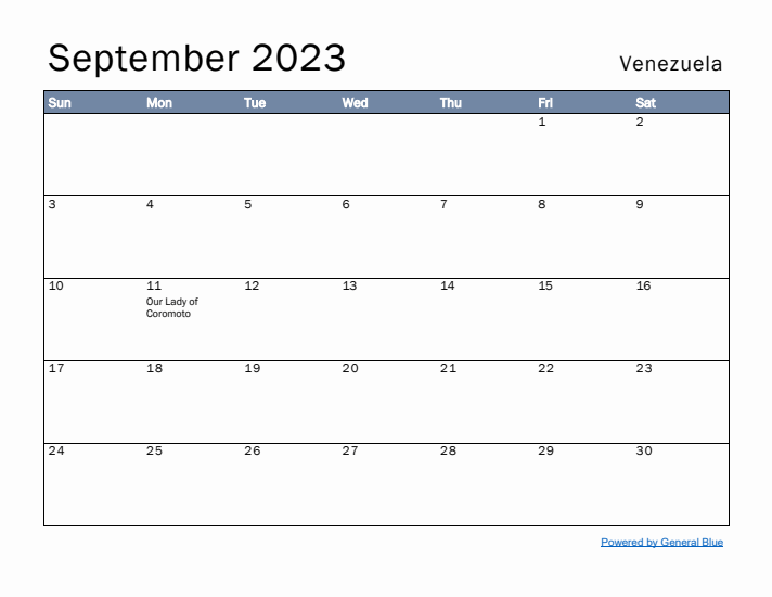 September 2023 Simple Monthly Calendar for Venezuela