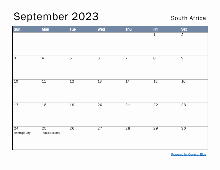 September 2023 Simple Monthly Calendar for South Africa