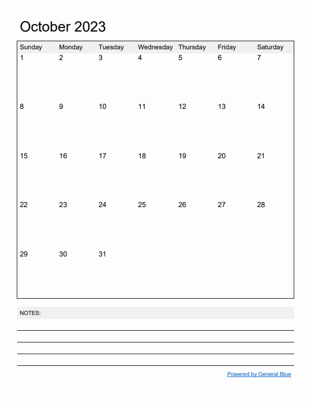 Basic Monthly Calendar Template for October 2023