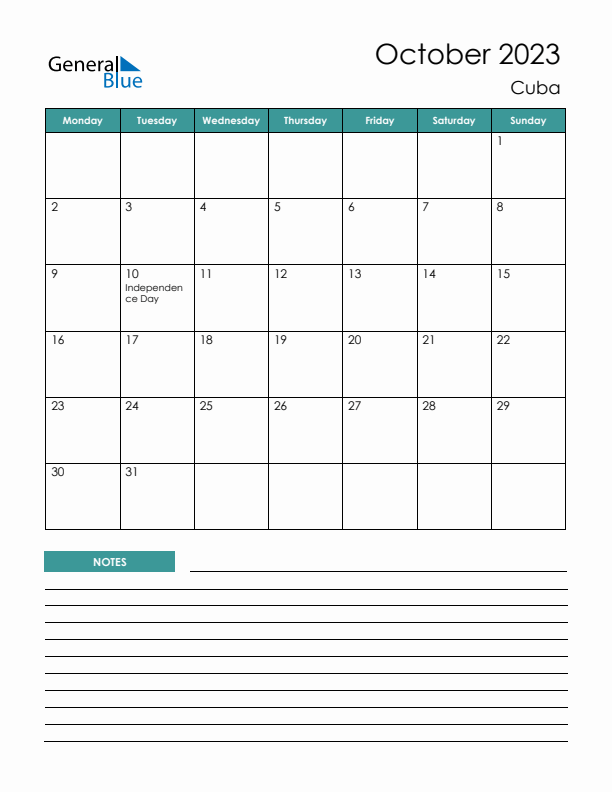 Calendar with Notes Printable - Monday Start