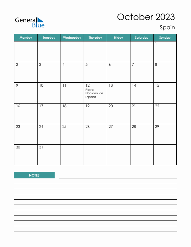 Calendar with Notes Printable - Monday Start