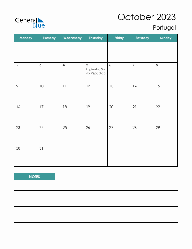 Calendar with Notes Printable - Monday Start