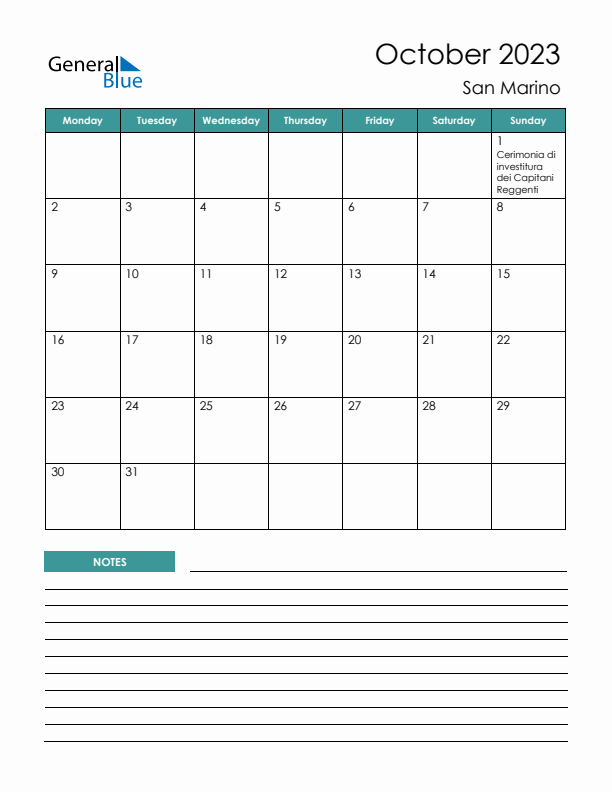 Calendar with Notes Printable - Monday Start