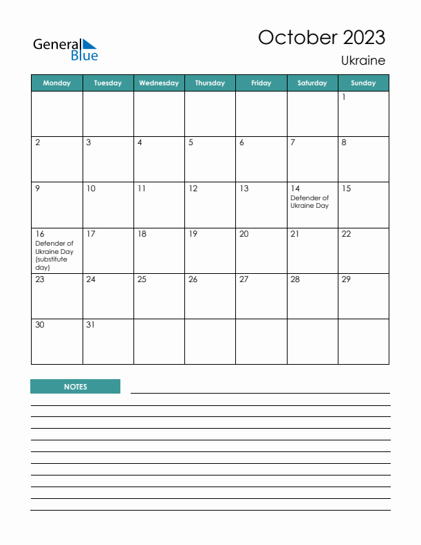 Calendar with Notes Printable - Monday Start