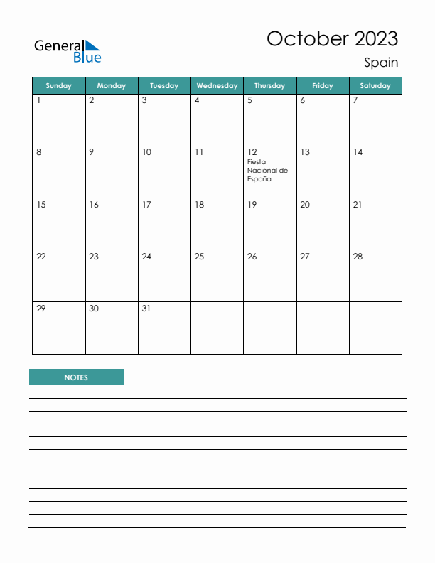 Calendar with Notes Printable - Sunday Start