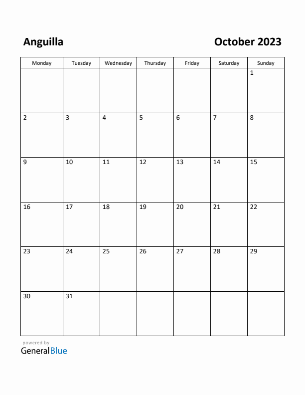 October 2023 Calendar with Anguilla Holidays