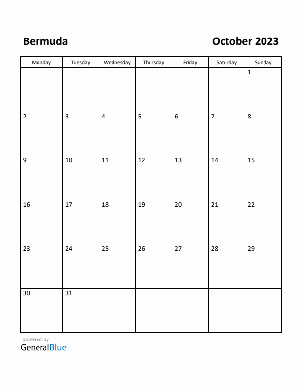 October 2023 Calendar with Bermuda Holidays