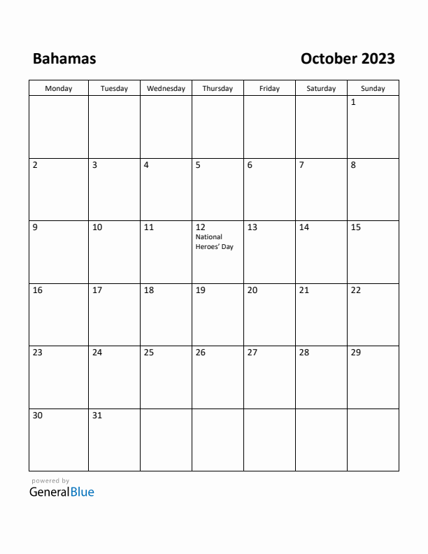 October 2023 Calendar with Bahamas Holidays