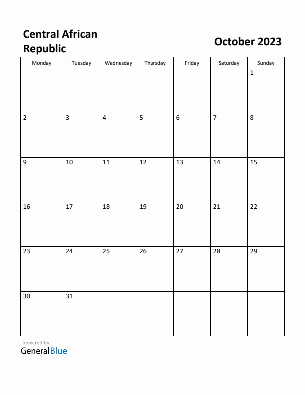 October 2023 Calendar with Central African Republic Holidays