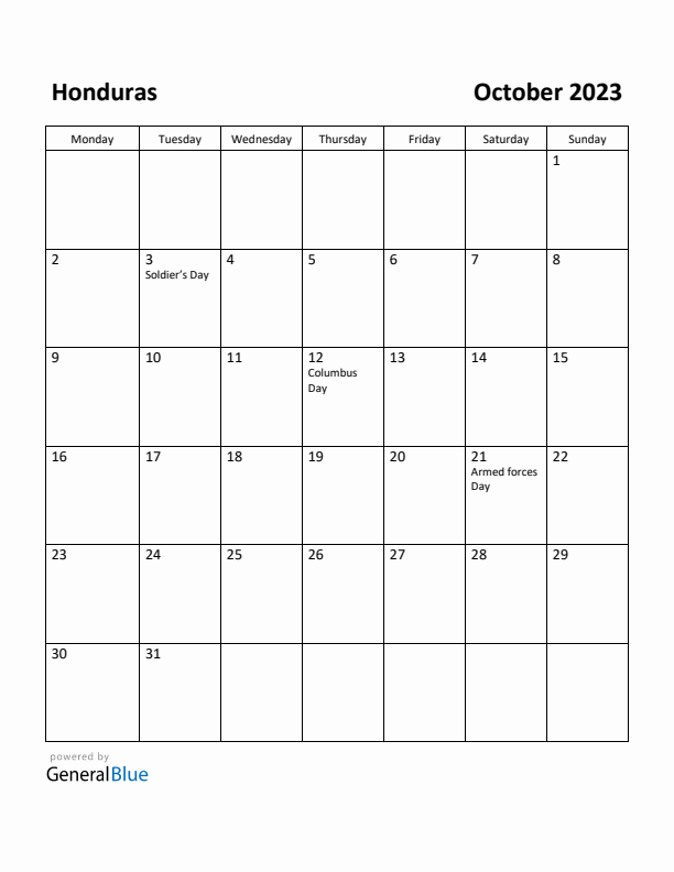 October 2023 Calendar with Honduras Holidays