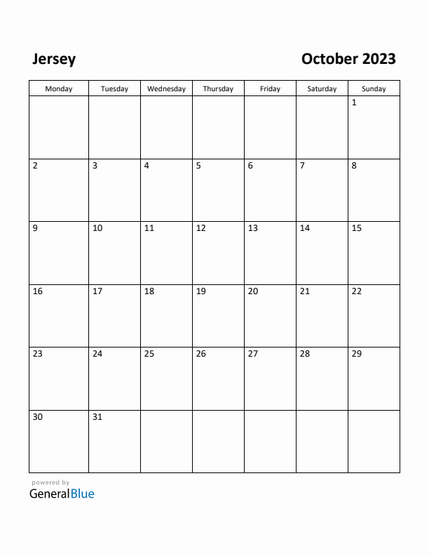 October 2023 Calendar with Jersey Holidays