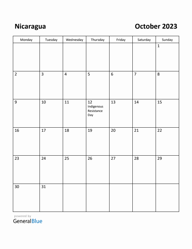 October 2023 Calendar with Nicaragua Holidays