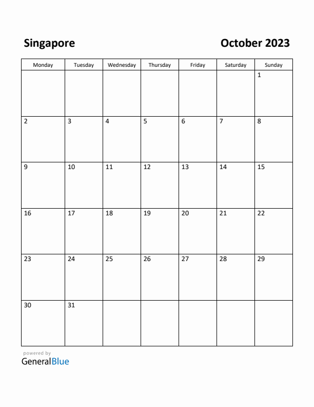 October 2023 Calendar with Singapore Holidays